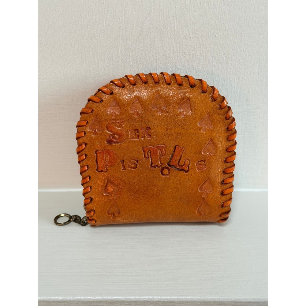 Vintage Sex Pistols Tooled Leather Coin Purse Whipstitch Tan Orange Punk Rock